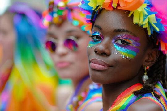 Multiracial gay people having fun at pride parade with LGBT flags, lesbian girl