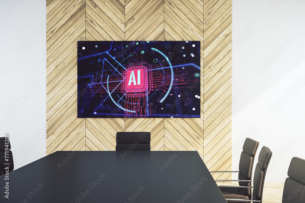 Aufkleber Creative artificial Intelligence abbreviation on presentation monitor in a modern boardroom. Future technology and AI concept. 3D Rendering