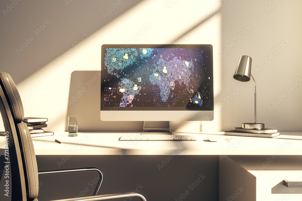 Fototapete Modern computer screen with social network icons concept and world map. Networking concept. 3D Rendering