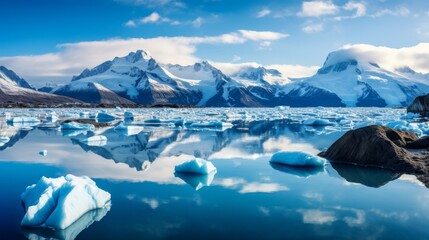 Fototapeta na wymiar Nature's Embrace Icebergs and Mountain Majesty