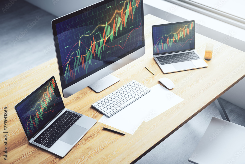 Poster modern computer display with abstract financial graph, financial and trading concept. 3d rendering