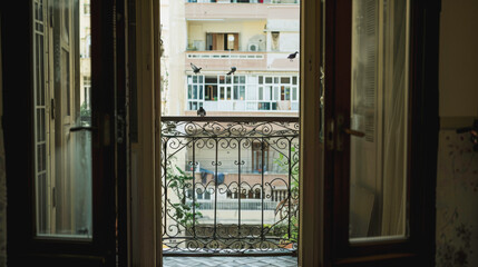 View of the door to the balcony There were rattles and pigeons on the rattles. with city views during sunset