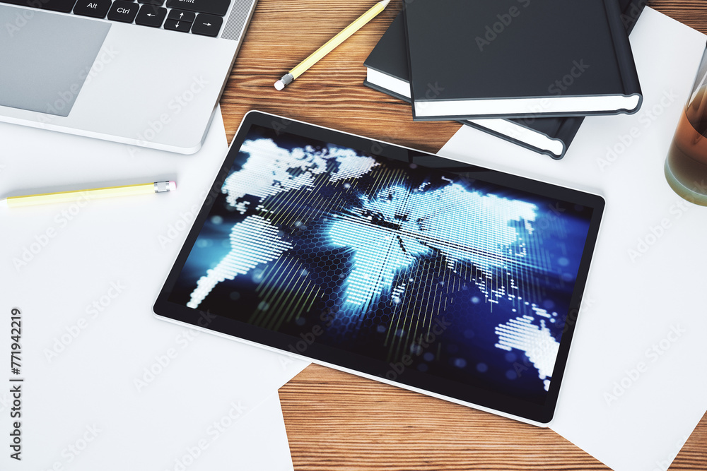 Poster top view of abstract world map on modern digital tablet screen, big data and blockchain concept. 3d 