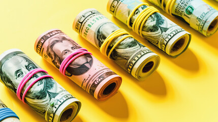 Us money rolls in circles Fastened with colorful rubber bands, arranged in rows on a yellow background