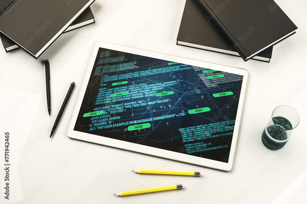 Leinwandbilder modern digital tablet screen with abstract graphic coding sketch, big data and networking concept. t