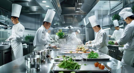  a kitchen scene with chefs in white uniforms cooking and preparing dishes on large surfaces,...
