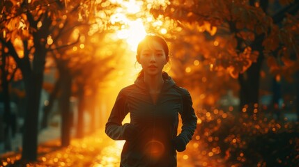 A young Asian woman in sportswear is running on the street, with sunlight shining through leaves and creating beautiful light spots behind her. The background of autumn trees