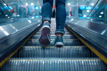 Close-up of the lower body of a woman traveler with a luggage suitcase, ready to travel around the world by plane. The female tourist is on an automatic escalator in an airport terminal - obrazy, fototapety, plakaty