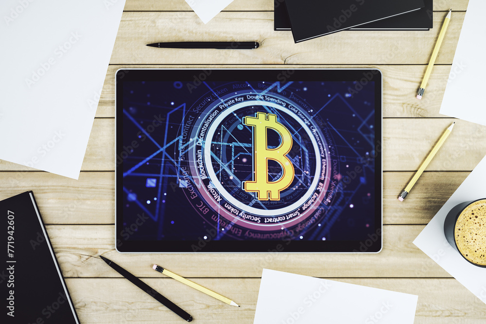 Poster Creative Bitcoin concept on modern digital tablet display. Top view. 3D Rendering