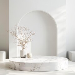 white marble podium with an arch and plant on the table in a modern minimal style room background for a product presentation mockup