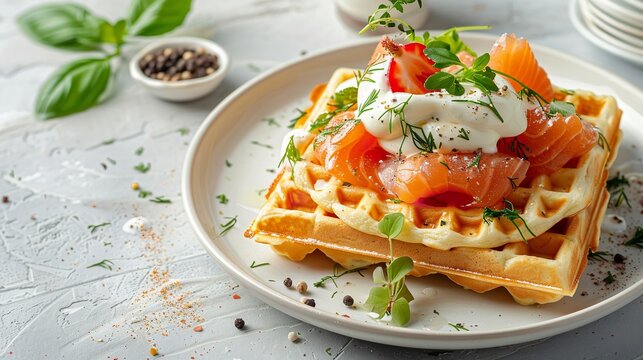 Top view of breakfast waffles with salmon and cream kept on a white backdrop with a big space for text or product, Generative AI