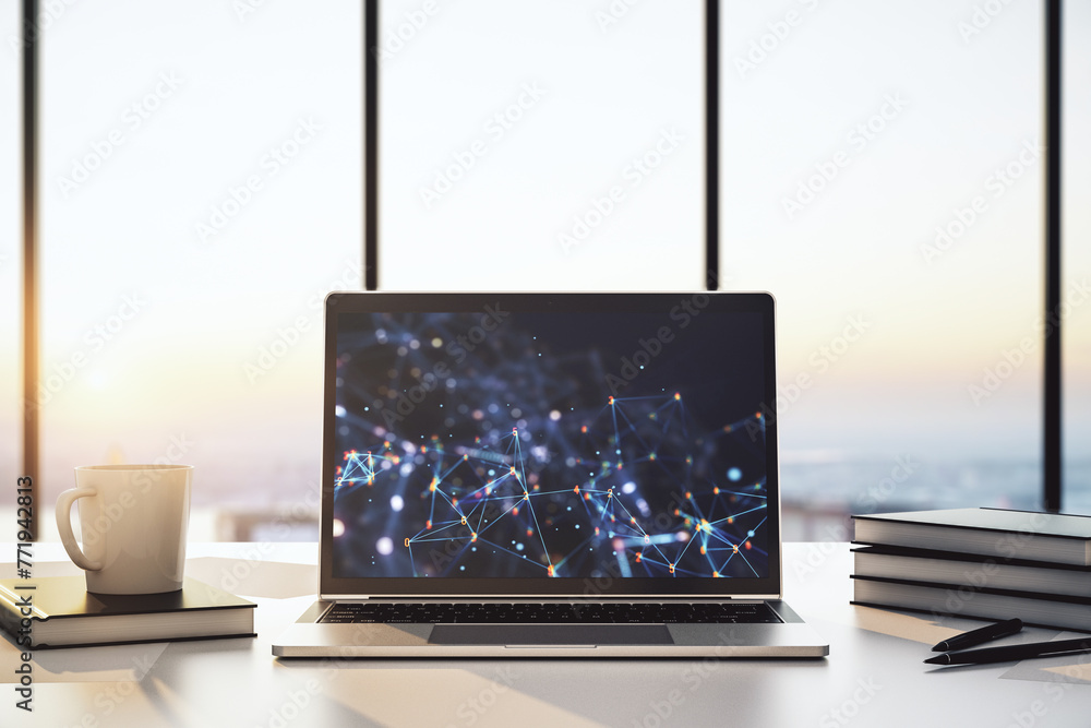 Fototapete modern computer monitor with technology desktop. research and development software concept. 3d rende
