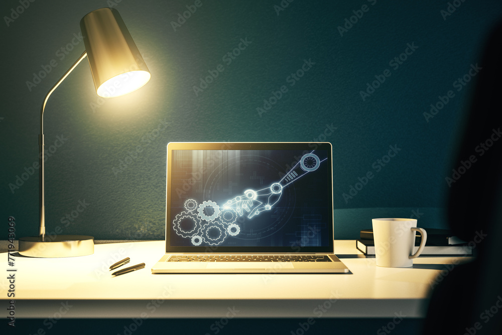 Aufkleber Creative abstract robotics technology sketch on modern laptop monitor, future technology and AI concept. 3D Rendering