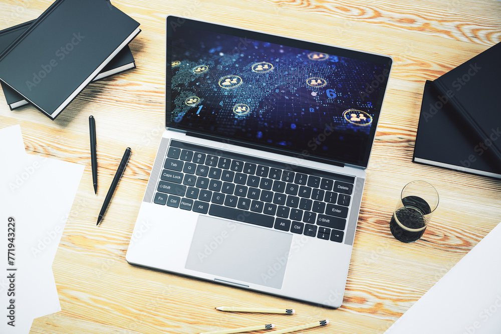 Fototapete modern computer monitor with social network icons concept with world map. marketing and promotion co