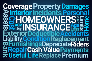 Homeowners Insurance Word Cloud on Blue Background - 771943209