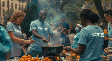A group of diverse people wearing light blue t-shirts with "VOLUNTEER" written on them, serving food to the homeless at outdoor