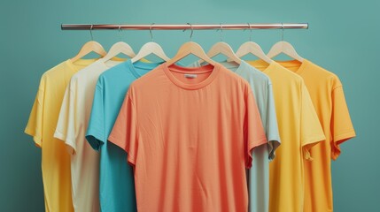 Colorful t-shirts on hangers, blue background.