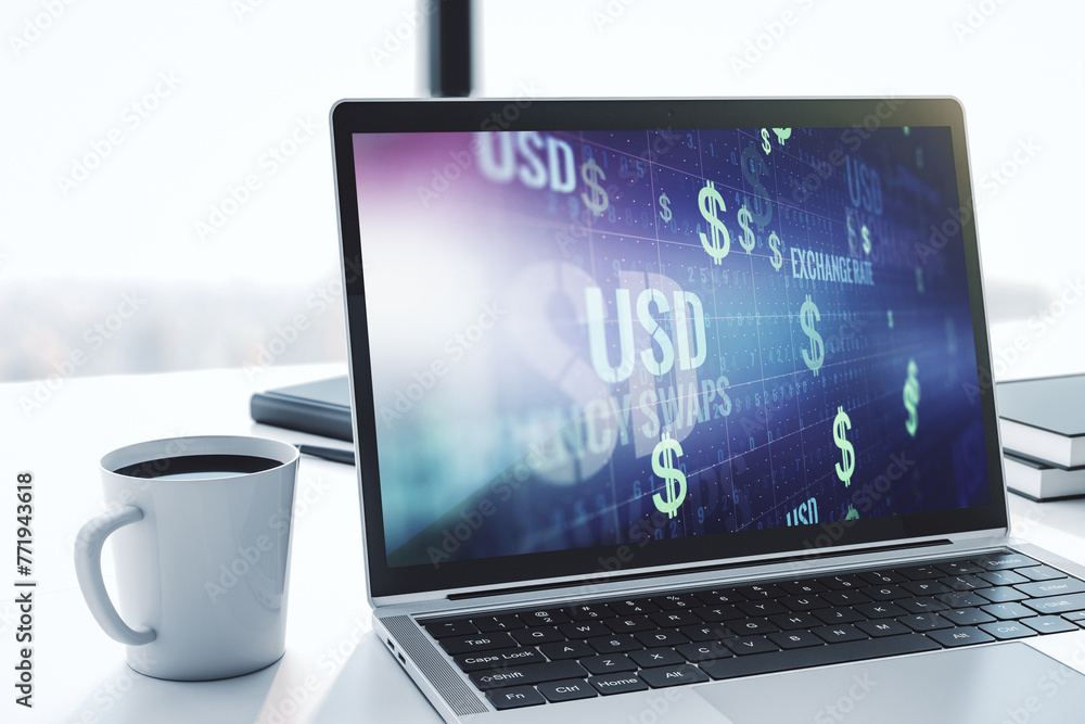 Poster modern computer monitor with creative usd symbols hologram. banking and investing concept. 3d render