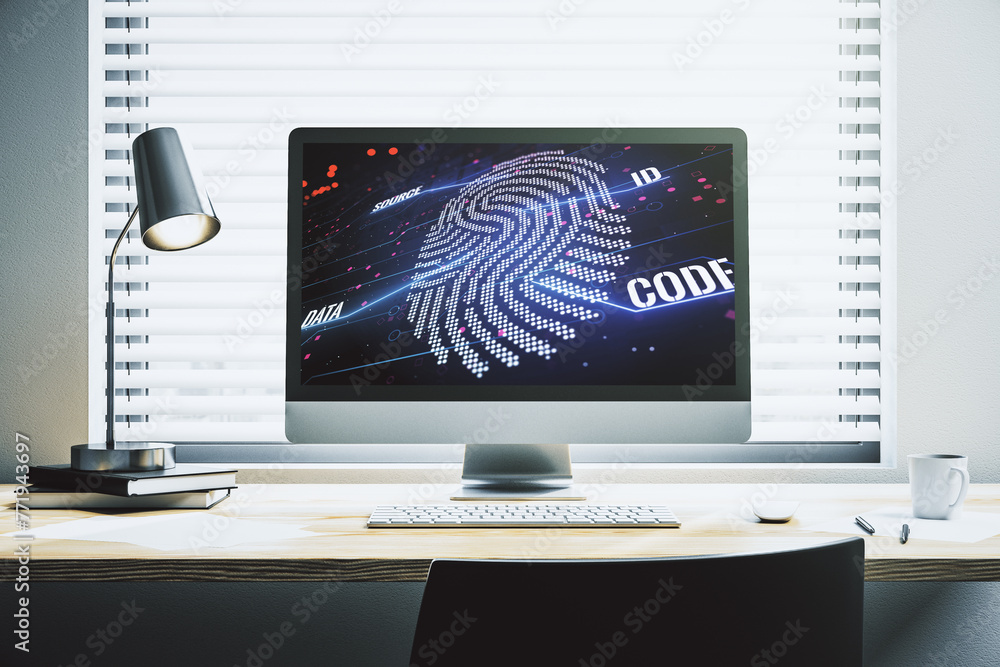 Aufkleber Computer monitor with abstract creative fingerprint illustration, personal biometric data concept. 3D Rendering