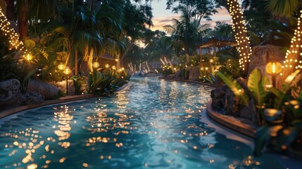A tranquil 3D render of a lazy river ride at dusk, lights twinkling on the water and shadows lengthening