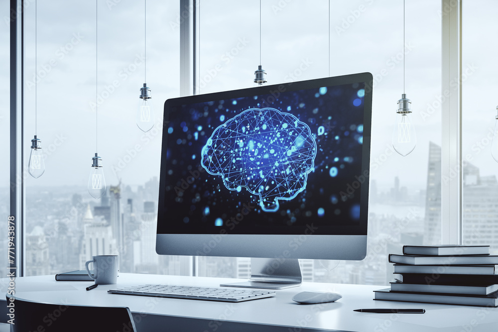 Poster modern computer display with creative human brain microcircuit. future technology and ai concept. 3d