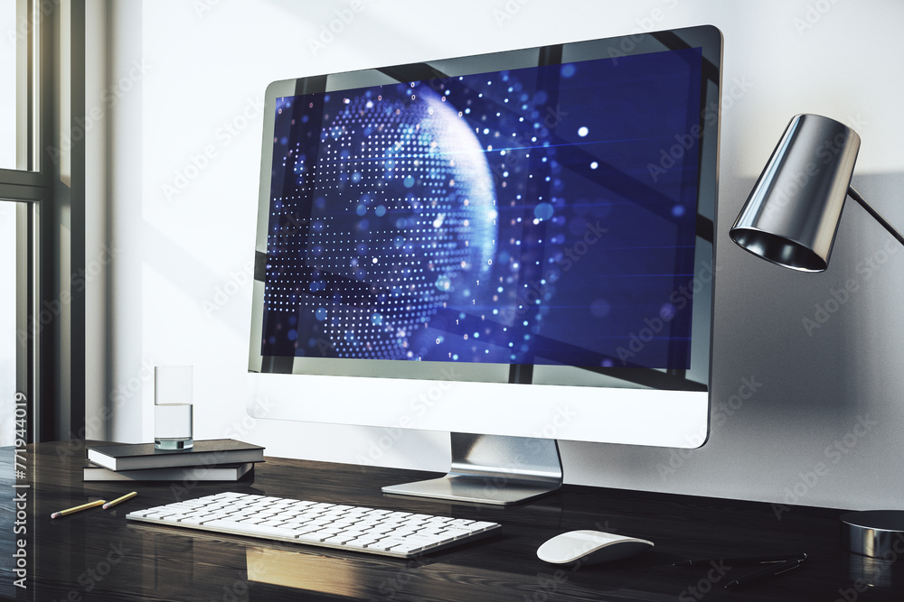 Fototapete computer monitor with abstract creative digital world map, globalization concept. 3d rendering