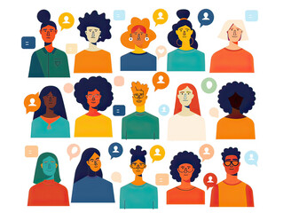 Online community gathering, diverse avatars representing users