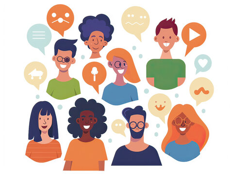 Online community gathering, diverse avatars representing users