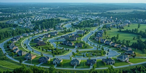 An aerial view of a suburban subdivision with winding streets and cul-de-sacs. 