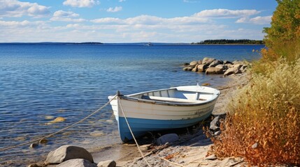 Fototapeta na wymiar Seaside Serenity Boat by the Shore