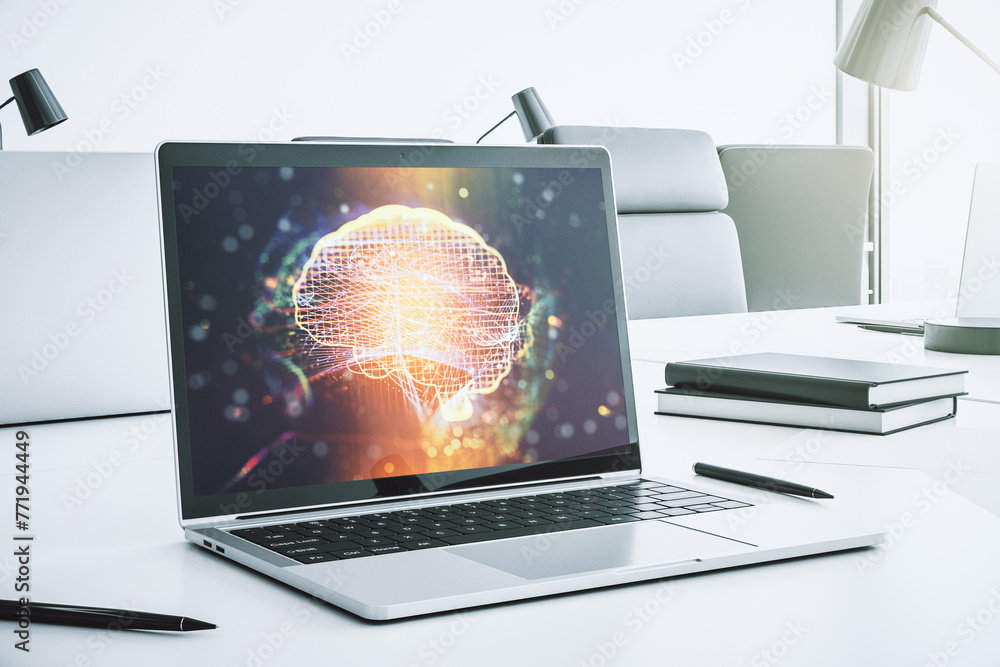 Poster creative artificial intelligence concept with human brain hologram on modern laptop screen. 3d rende