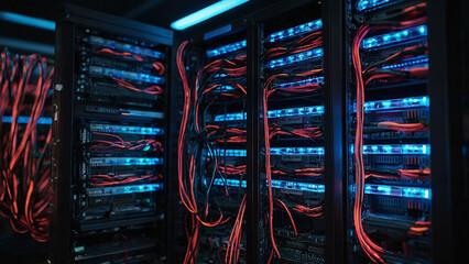 Web banner of glowing data cables transferring information inside computer server