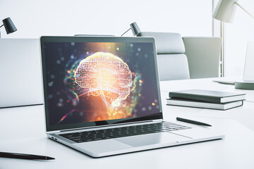 Creative artificial Intelligence concept with human brain hologram on modern laptop screen. 3D Rendering