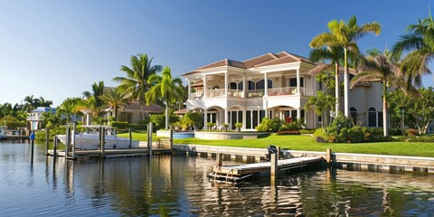 Fototapeta na wymiar A luxurious waterfront mansion with a private dock and lush landscaping. 