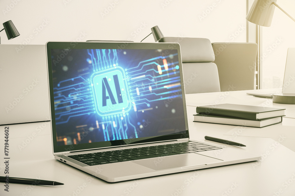 Fototapete modern computer monitor with creative artificial intelligence icon. neural networks and machine lear