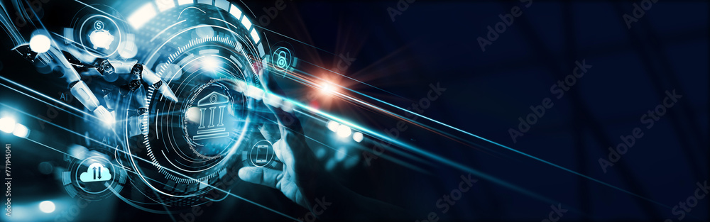 Aufkleber financial technology, fintech, ai, hand of robot and human touching on financial big data network co