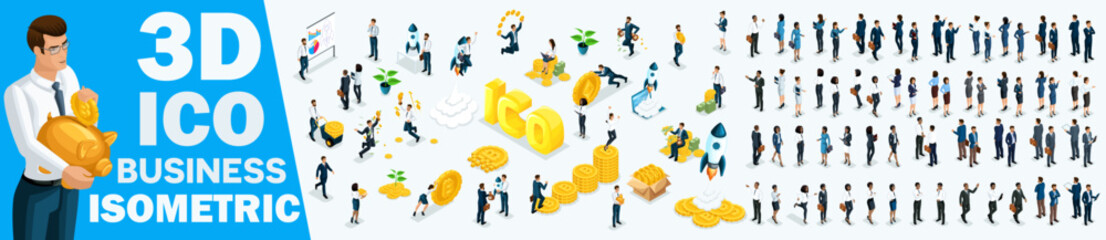 Large set of isometrics, 3D Businessmen and businesswomen Europeans and African Americans. Investors, bankers, employees, ICO