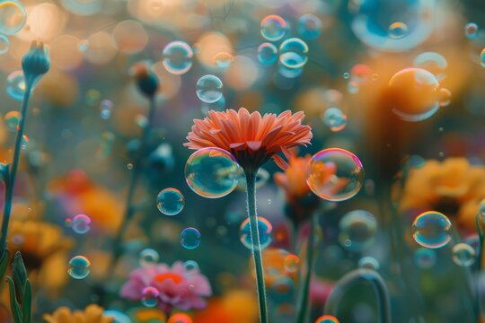 A flower is surrounded by bubbles in a field of flowers
