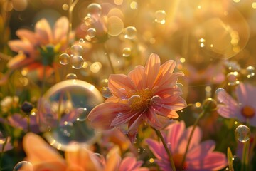 A flower is surrounded by bubbles in a field of flowers