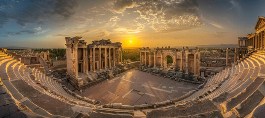 panoramic photo of an ancient roman theater, grand and majestic with intricate details - obrazy, fototapety, plakaty