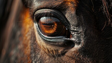 Through a captivating close-up, the commanding gaze of a horse's eye captures attention, exuding a blend of strength and poise that epitomizes the allure of equine beauty. - obrazy, fototapety, plakaty