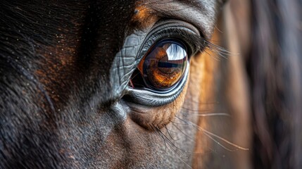Close-up of a majestic horse's eye reflecting strength and grace, capturing the beauty of equines. - obrazy, fototapety, plakaty