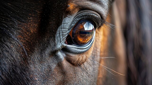 Close-up of a majestic horse's eye reflecting strength and grace, capturing the beauty of equines.