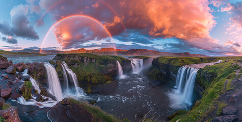 A panoramic view of the majestic nature of Iceland, showcasing cascading waterfalls and lush greenery under a vibrant sunset sky with rainbows