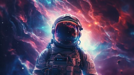 Astronaut reflecting nebula in helmet - The helmet of an astronaut reflects the swirling nebula colors, suggesting a deep connection with the cosmos - obrazy, fototapety, plakaty