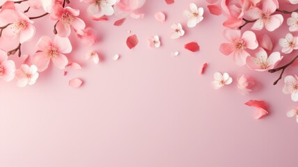 Fototapeta na wymiar Delicate cherry blossoms on pink background - Cherry blossoms scatter across a soothing pink backdrop, symbolizing the fleeting beauty of life
