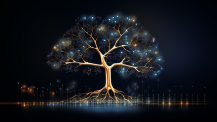 Digital tree with glowing blue leaves - This image depicts a digitally rendered tree with glowing blue nodes, symbolizing technological growth and innovation