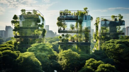 The glass skyscraper facade reflects the lush green leaves of trees