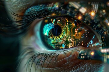 A human eye with a circuit board inside it - obrazy, fototapety, plakaty