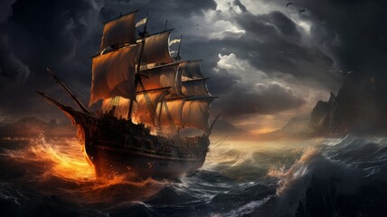 Epic image of a ship braving a stormy sea - A majestic sailing ship battles ominous waves, evoking a sense of adventure and the human spirit's resilience - obrazy, fototapety, plakaty